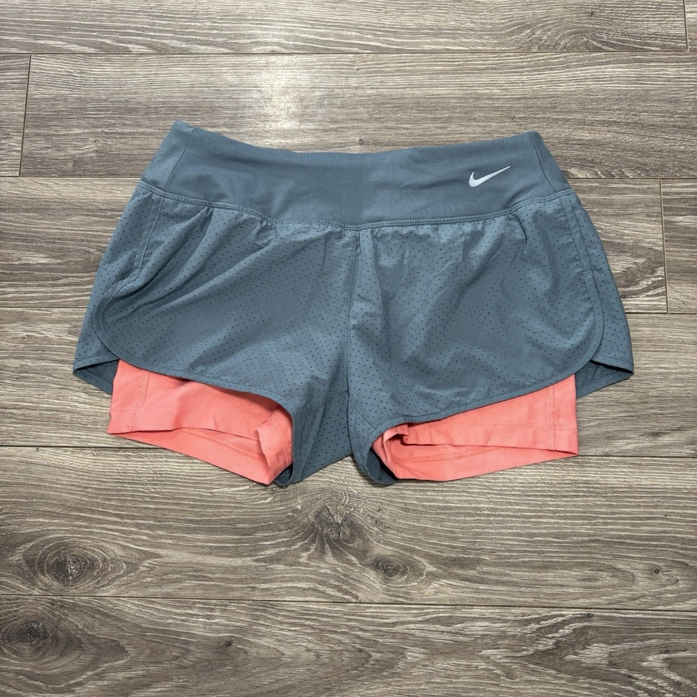 Nike Perforated Rival 2 in 1 Shorts Womens S Gray Pink Drifit Running‎ Pants Gym